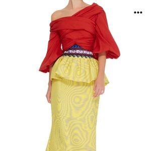 Johanna Ortiz Guadalupe Red puff sleeve asymmetrical shoulder crop top size 6